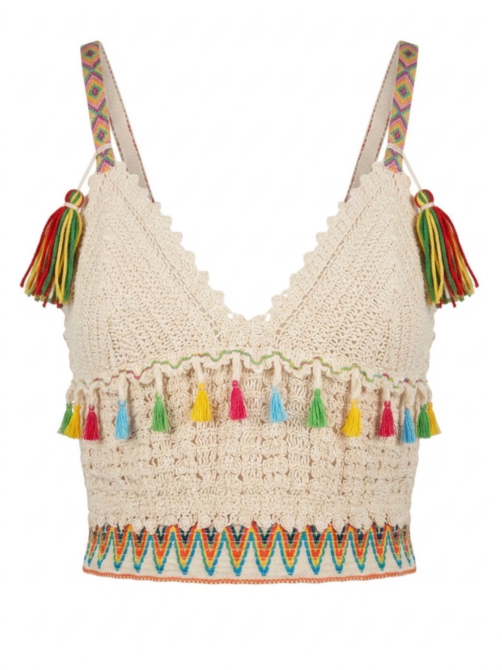 Crochet Tassel Crop Top - Cream with Multicolor Tassels